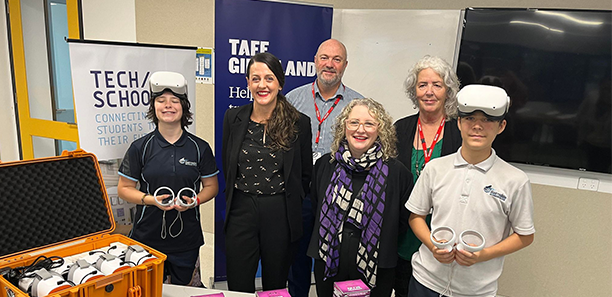 Bairnsdale Secondary College year eight student Madeleine Love, TAFE Gippsland Chief Executive Officer Laura Macpherson, Gippsland Tech School Director Paul Boys, TAFE Gippsland Partnerships and Governance Executive Director Susan Thomas, Gippsland East LLEN (Local Learning and Employment Networks) Executive Officer Pam Waters, and year nine student Lachlan Hall.