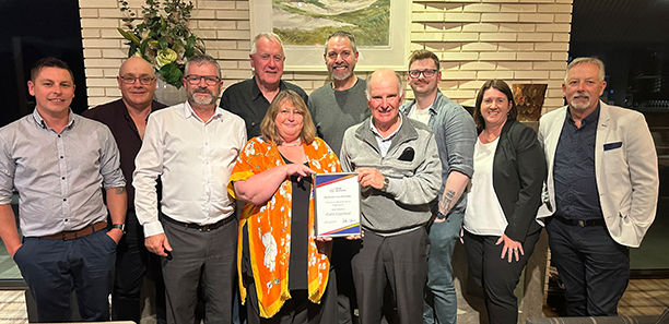 TAFE Gippsland engineering and fabrication team members (left to right) Shayne Pavich, Joe Haley, Alex Terranova, Ian Potter, Jule Carroll, Dale Dye, Rob Vernon, Ben Johnstone, Linda Austin and Phil Backman with the award.