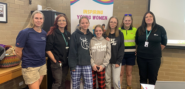 Pictured: Trades Coordinator Rhonda Noble, Theresa Jacobs (Plumbing Teacher TAFE Gippsland), Rachel Tate 3rd Year Carpentry Apprentice (current TAFE Gippsland student), Elizabeth Johns 3rd Year Electrical Apprentice (current TAFE Gippsland student) and a few of our young participants who have entered this amazing program.