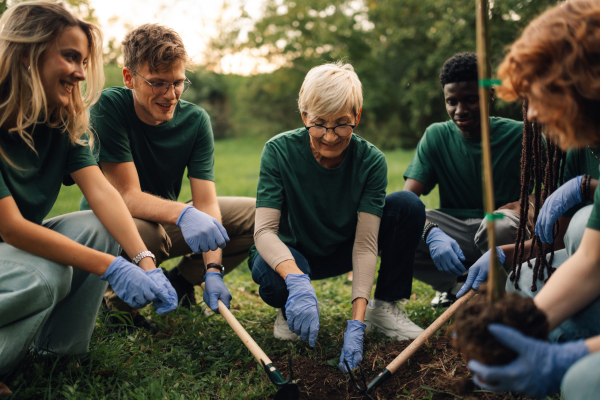 students and teacher plant a tree