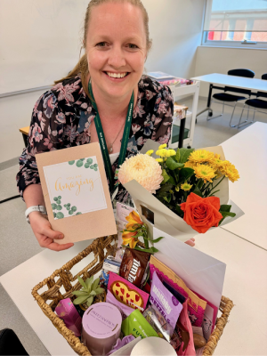 Melissa with her flowers and gifts from her students at TAFE Gippsland