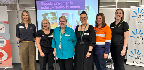 Network organising committee members Jayne Hassett from Loy Yang B Alinta Energy, Janine Mcphee from WPC Group (ESSO), Kylie Jones from OPAL, Leah Vicino from TAFE Gippsland, Lisa Briggs AGL and Riley Graham from Energy Australia Yallourn.