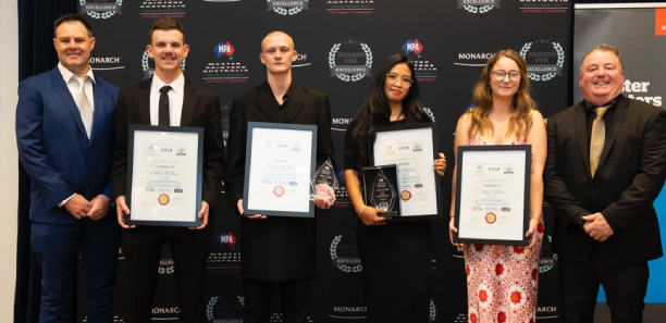 L-R: Sam Reid (teacher), Callum Buckland, Phoenix McCallister, Leni Gliponeo, Tegan Wilson and Michael Wardle (teacher) at the 2025 MPAV Awards for Excellence.