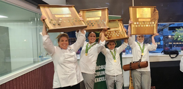 AUS TAFE State Finals winners Jessica Fraser-Smith, Jennifer Creati and Jesse Payne with culinary trainer Kellie Smith