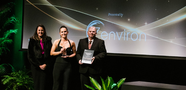 TAFE Gippsland apprentice Amber Leyshan receiving her Zenviron-sponosred award at the 2025 TAFE Gippsland Education Awards