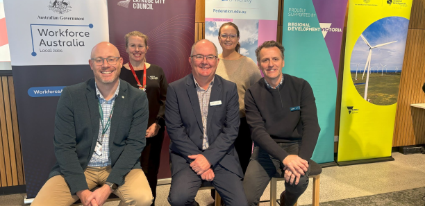 At the launch of the Gippsland Jobs Hub in Morwell…(from left, back) TAFE Gippsland Skills and Job Centre Engagement Coordinator Andrea McNamara and Manager Elise Watson, (front) TAFE Gippsland Director Student Experience Justin Fallu, Gippsland Employment Facilitator, Local Jobs Program Darren Beggs and Marinus Link Engagement Manager Mark Lindsay.