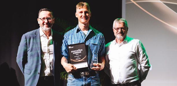 TAFE Gippsland Plumbing Apprentice of the Year, Tanner Hall (centre) with TAFE Gippsland CEO James Montgomery (left) and TAFE Gippsland Head of Department Emerging Industries and Trades, Alex Terranova.