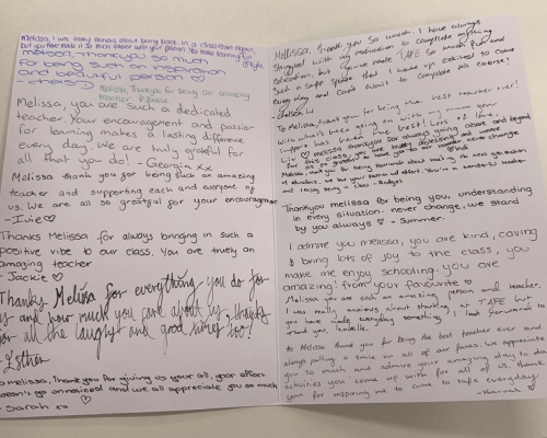 Melissa's card with student messages